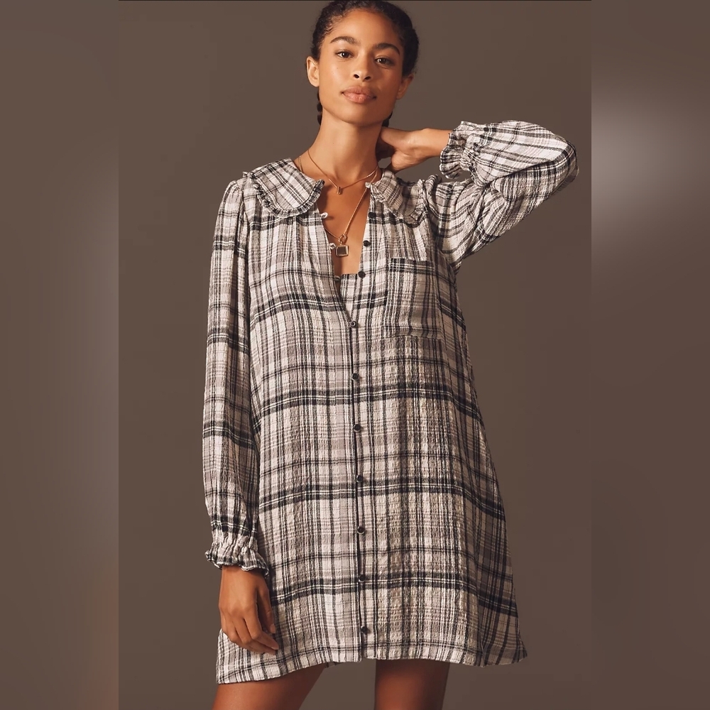 Anthropologie Plaid Long Sleeve Mini Dress with Ruffled Collar